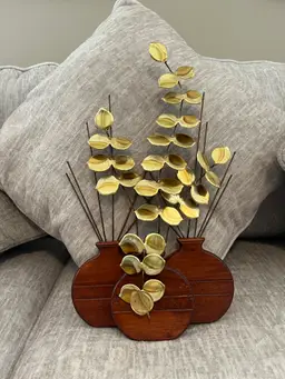 Vintage Wood Vases with Brass Eucalyptus Branches Wall Hanging MCM