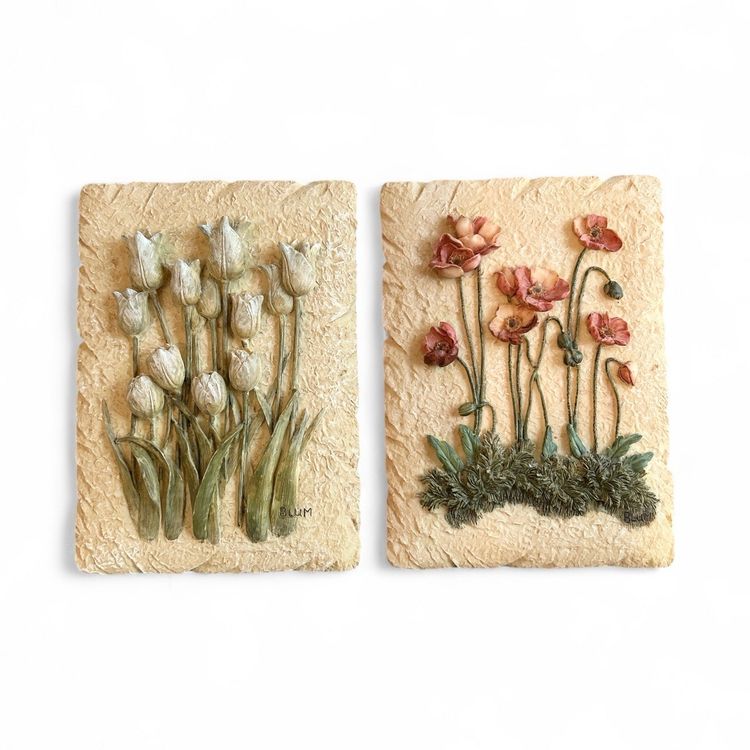Set Of 2 Cheri Blum Floral Resin Wall Plaques - Tulips And Poppies