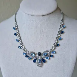 Vintage Light and Dark Blue Rhinestone Choker Necklace Silver Tone