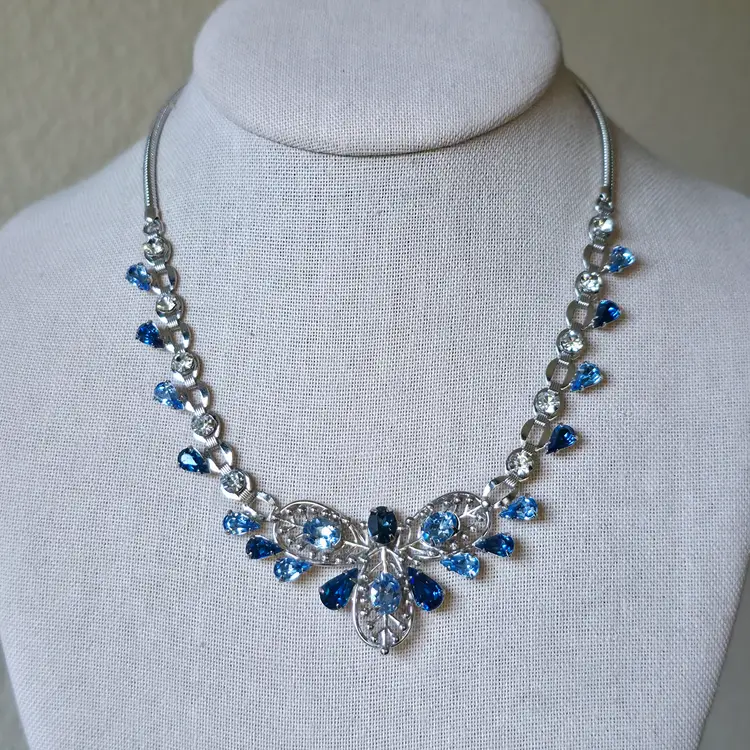 Vintage Light and Dark Blue Rhinestone Choker Necklace Silver Tone