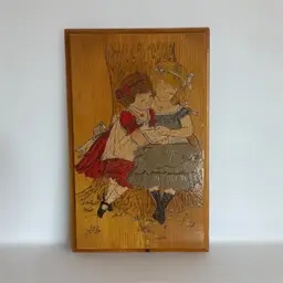 70s Wooden Cottagecore Handmadd Plaque Carved Etched “sisters” Wall Art