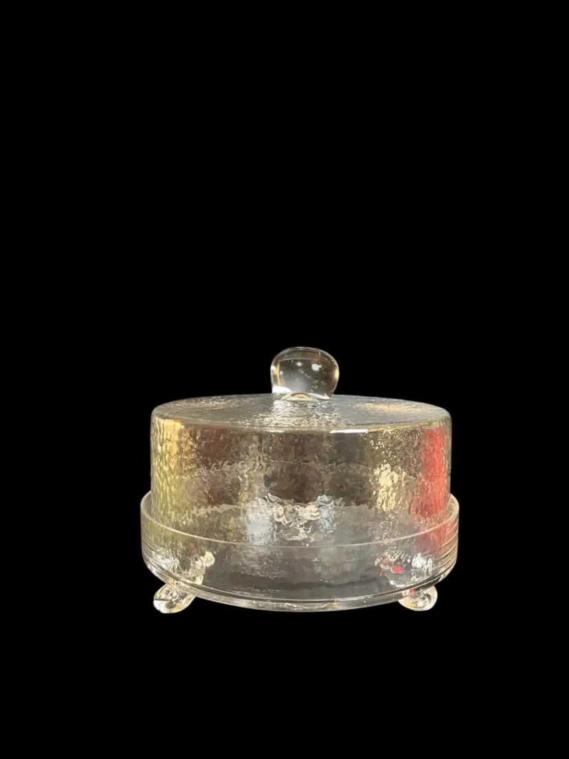 Clear Glass Orange Peel Textured Dome w/ Handle, Clear Non Textured Base w/ 3 Feet-Cloche