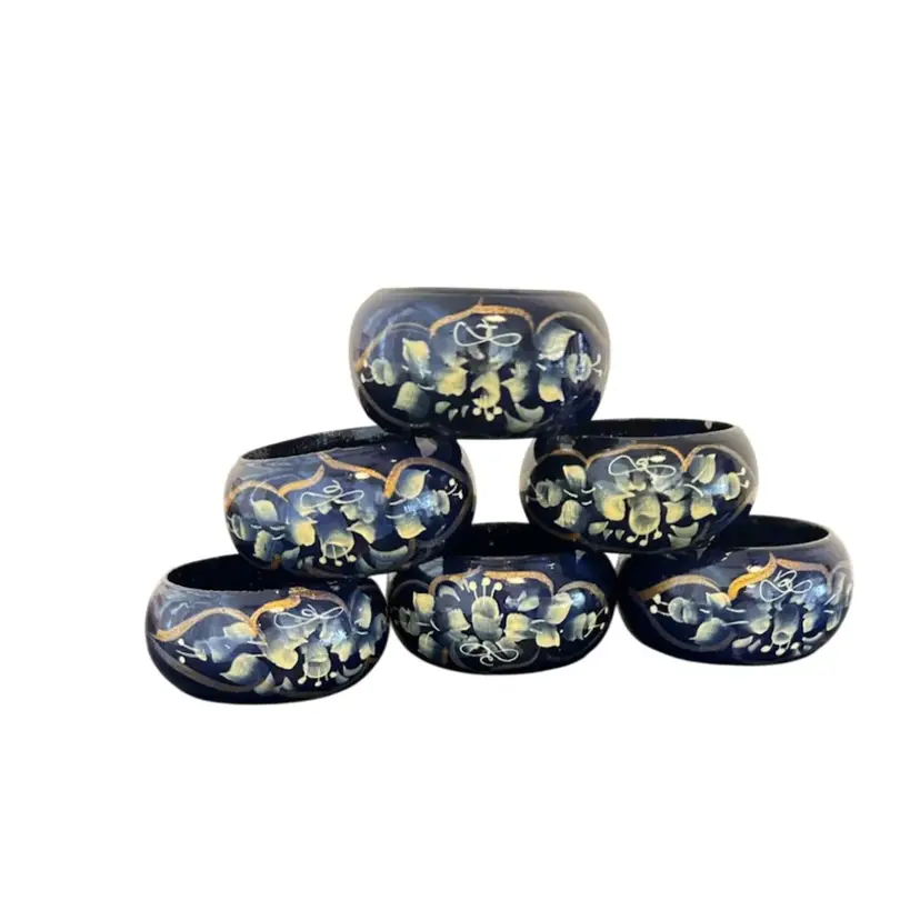 Vtg 6 Pc Hand Painted Blue cream Floral Wooden Lacquered Napkin Rings