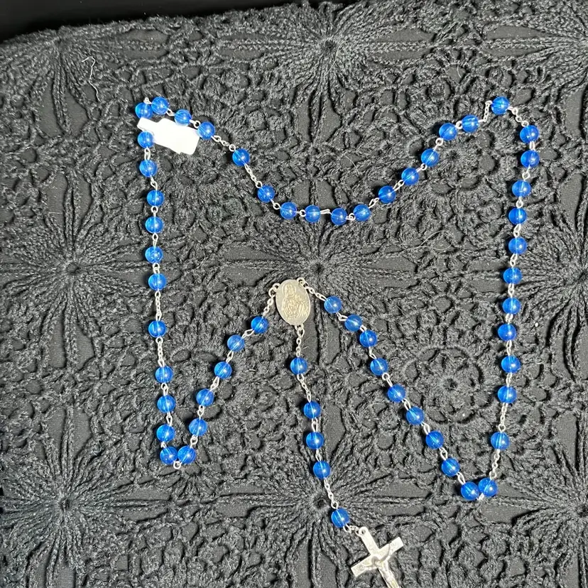 Round Blue Beaded w/ Silver Toned Hardware Rosary
