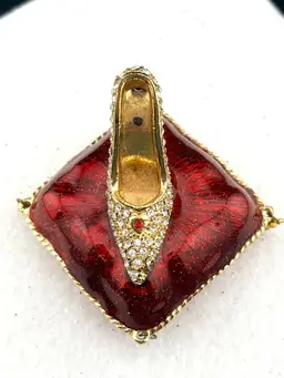 Vintage Cinderella's Slipper Red Enamel Trinket Box with Rhinestones 2" Tall x 2" Wide