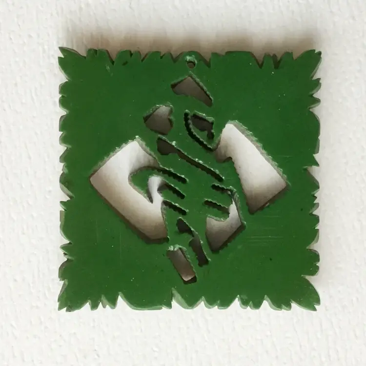 Vintage Iro Urushi Japanese Lacquer Green & Red Carved Kanji Love Pendant