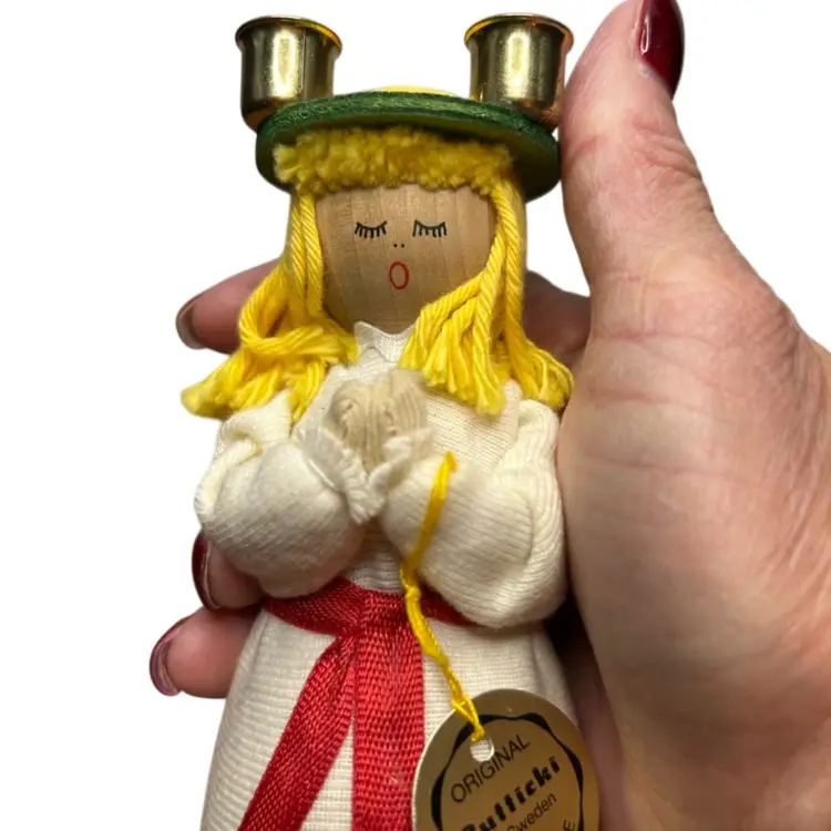 Vintage Batticki Of Sweden Handmade Wooden St Lucia Candle Holder Figure @5” Tall Small Patch Of Red Fading On Hair