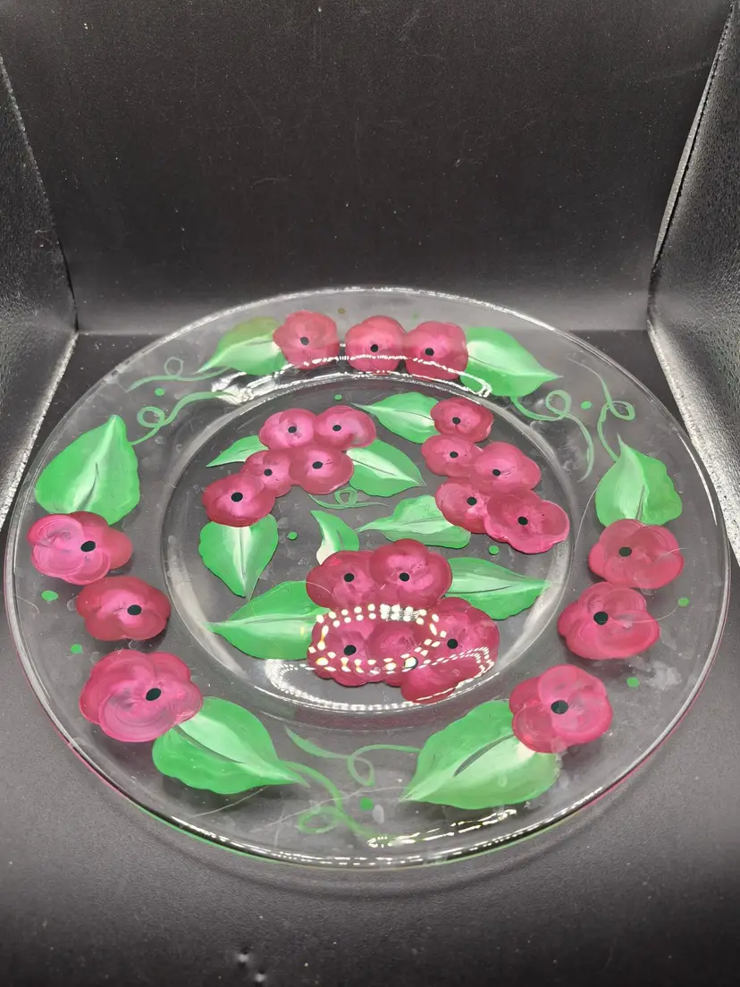 Hand-Painted Vintage Floral Glass Decorative Plate Botanical Art Collectible