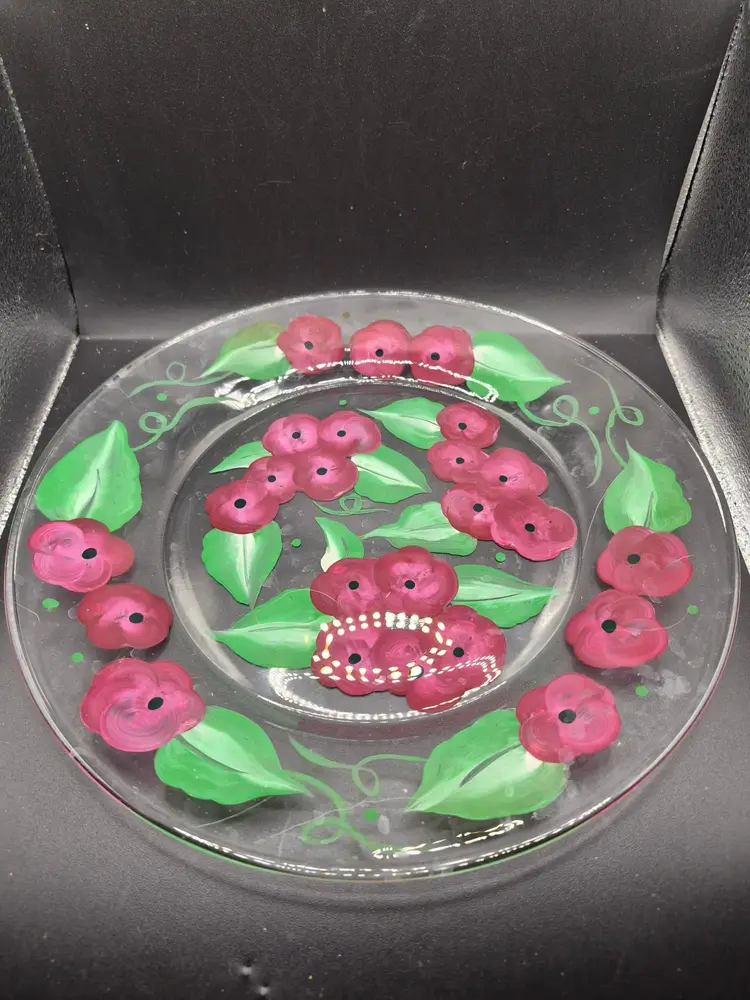Hand-Painted Vintage Floral Glass Decorative Plate Botanical Art Collectible