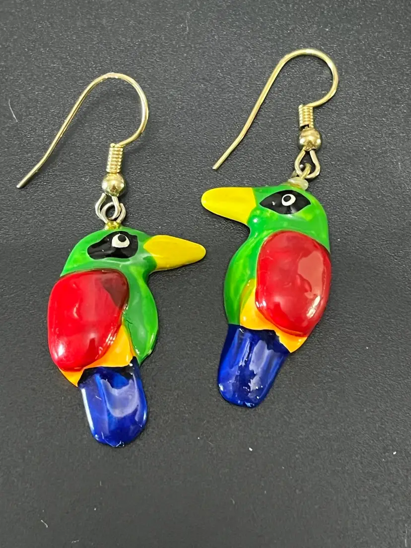 Vintage Colorful Tropical Bird Earrings Signed Taiwan Republic Of China