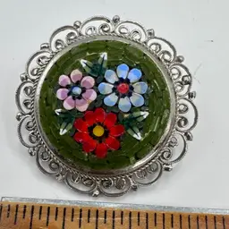 Micro Mosaic Italy SILVER TONE Pin Brooch Round 1.5”