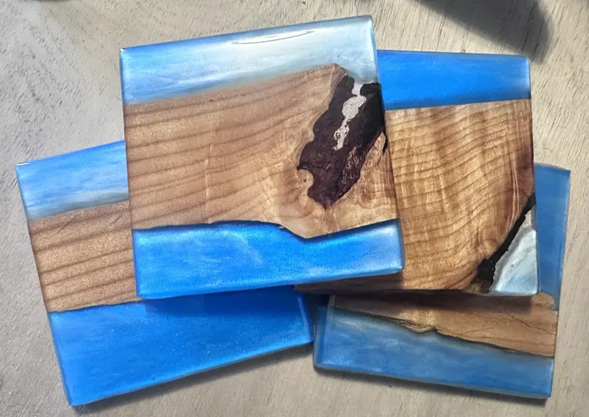 Ambrosia Maple & Blue epoxy - 4 Coaster river-table-style Set