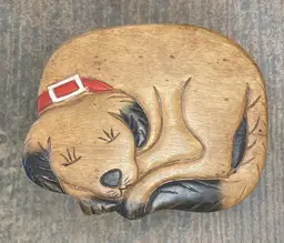 SLEEPING PUPPY WOOD FOOTSTOOL - PUPPY DOG KID STOOL- Thailand