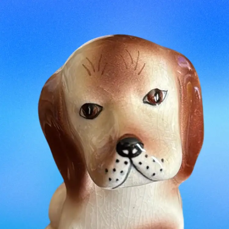 Vintage Beagle Dog Figurine Ceramic Hand Painted White W/Brown Spots Signed E•Original JC Penney Co Sticker
4-1/4” T x 3-1/2” L x 2-3/4” W