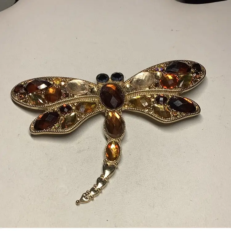 Dragon Fly Brown & Gold Brooch 3.5”