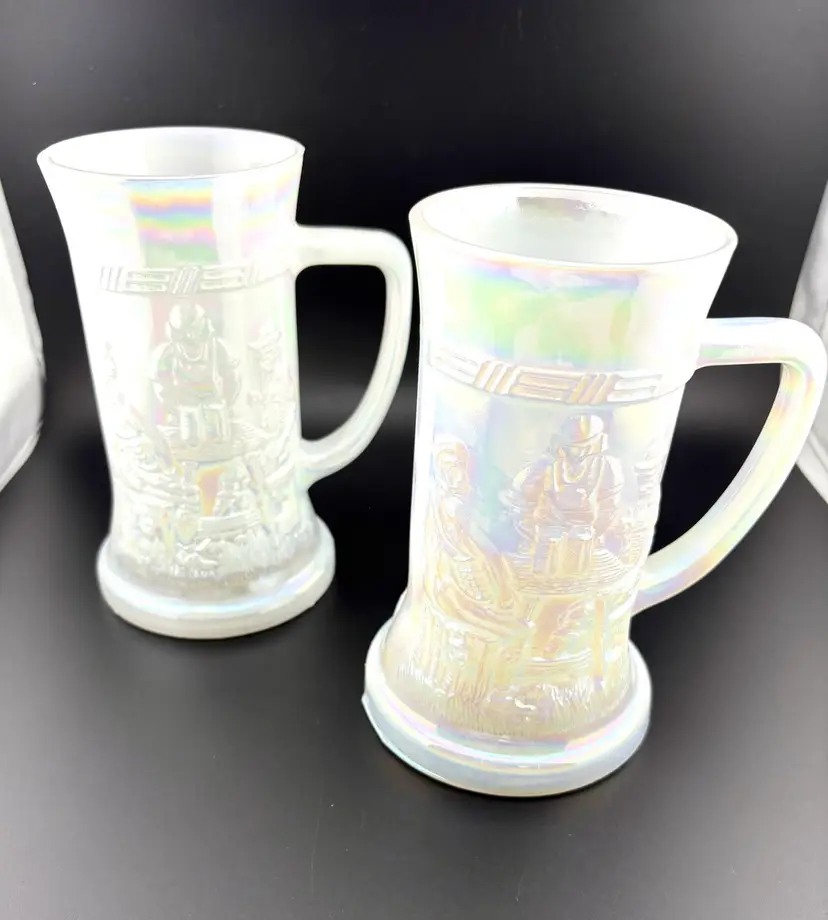 #01 Vintage White Iridescent Federal Glass Mugs Set of 2 6” Tall x 5.5” Wide Marked with F on Bottom