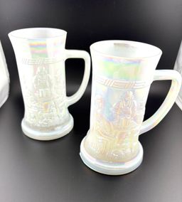 Vintage White Iridescent Federal Glass Mugs Set of 2 6” Tall x 5.5” Wide Marked with F on Bottom