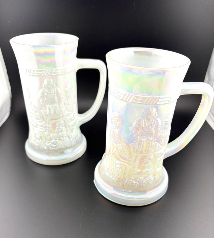 Vintage White Iridescent Federal Glass Mugs Set of 2 6” Tall x 5.5” Wide Marked with F on Bottom