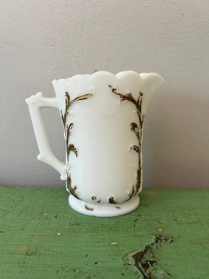 Antique Milk Glass Pitcher with Gold Scrolls. Creamer, Cup, Vase. Westmoreland Dithridge Glass
