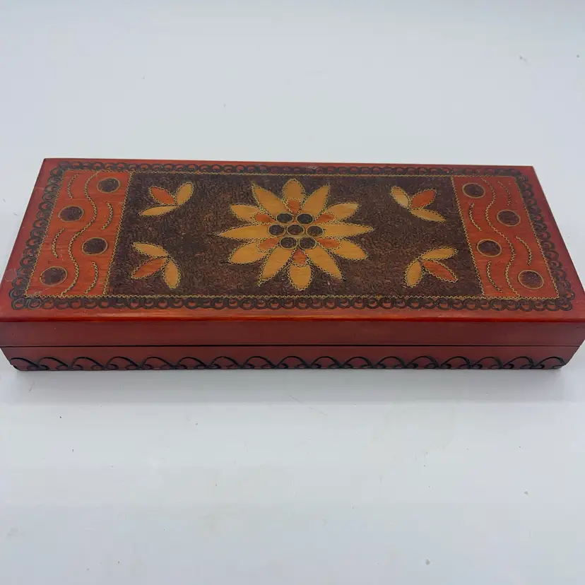 hand Carved Hand Painted Jewelry Box 8.25 Inches Very Detailed