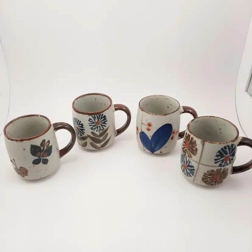 Vintage Floral Stoneware Mugs Set of 4 Different Designs