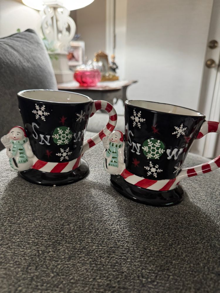 Blue Snowman Mugs with Candy Cane Handles