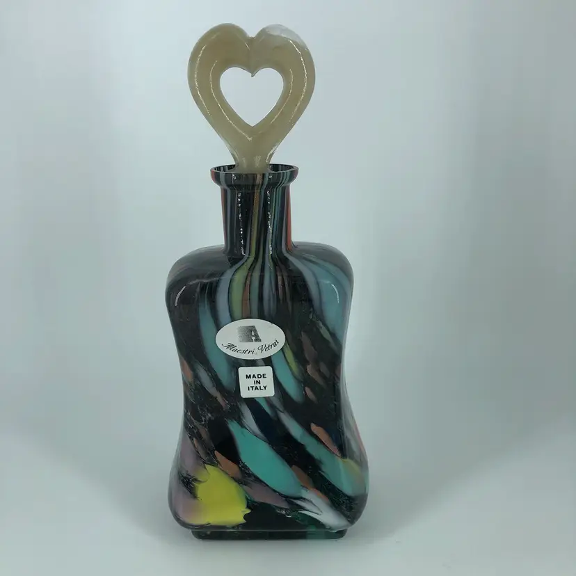 Maestri Vetrai Italian Art Glass Colorful Speckled Decanter with Heart Stopper