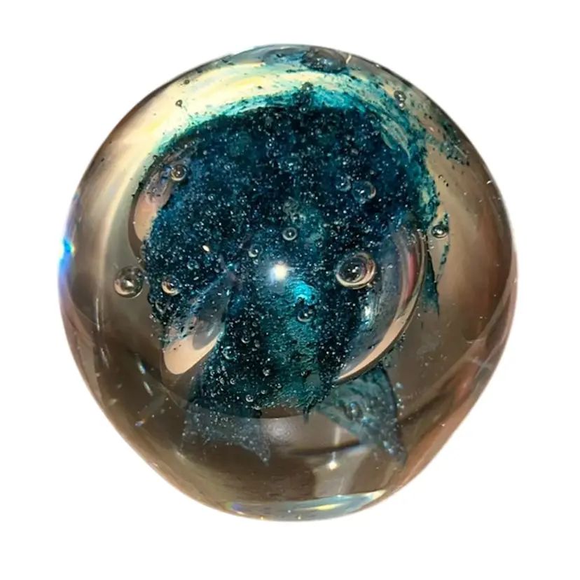 Large Azure Galaxy Paperweight 3.25” Diameter Smooth Bottom UV Glow!
