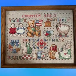 Country ABCs Alphabet Cross Stitch Sampler Framed 15”x12” American Folk Art