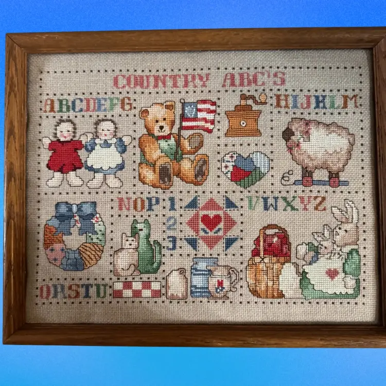 Country ABCs Alphabet Cross Stitch Sampler Framed 15”x12” American Folk Art