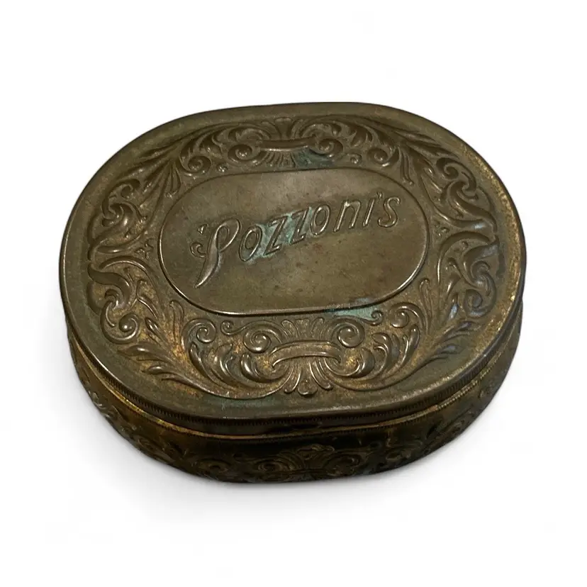 Antique Pozzoni's Brass Powder Puff Tin Box Embossed Trinket Box