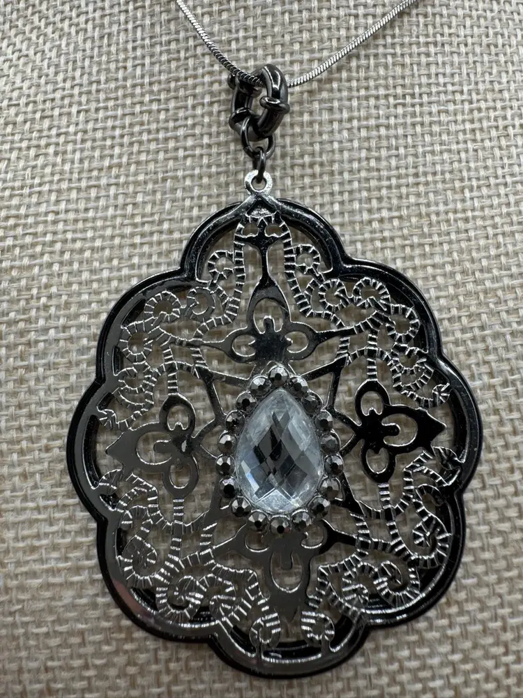 # 9 Premier Design Gun Metal Grey & Silver Tone Filigree Rhinestone Necklace Charm On A Silver Tone Necklace