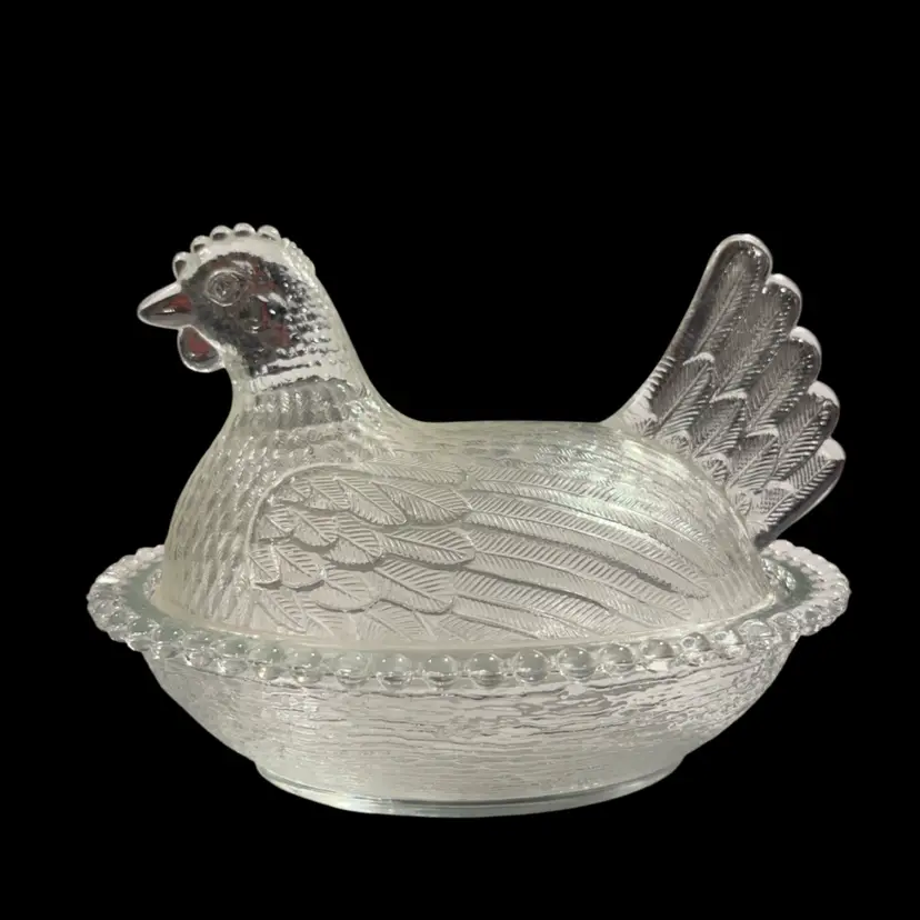 Vintage Indiana Clear Glass Hen On Nest Beaded Style Edge | 7”