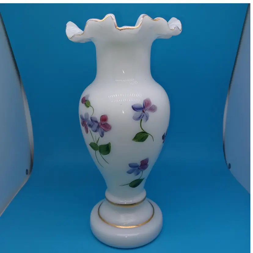 Vintage White Bristol Blown Glass Ruffle Top Vase Hand Painted Flowers Gold 10