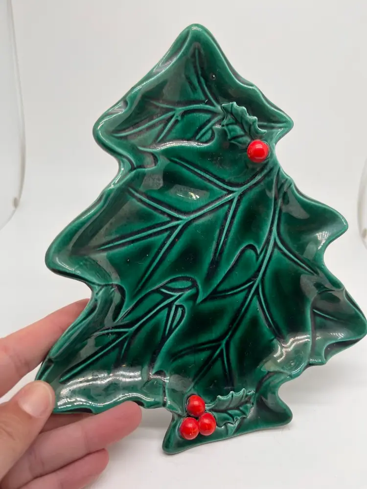 Vintage Lefton Green Holly Christmas Tree Candy Dish 2691 Holly Berries