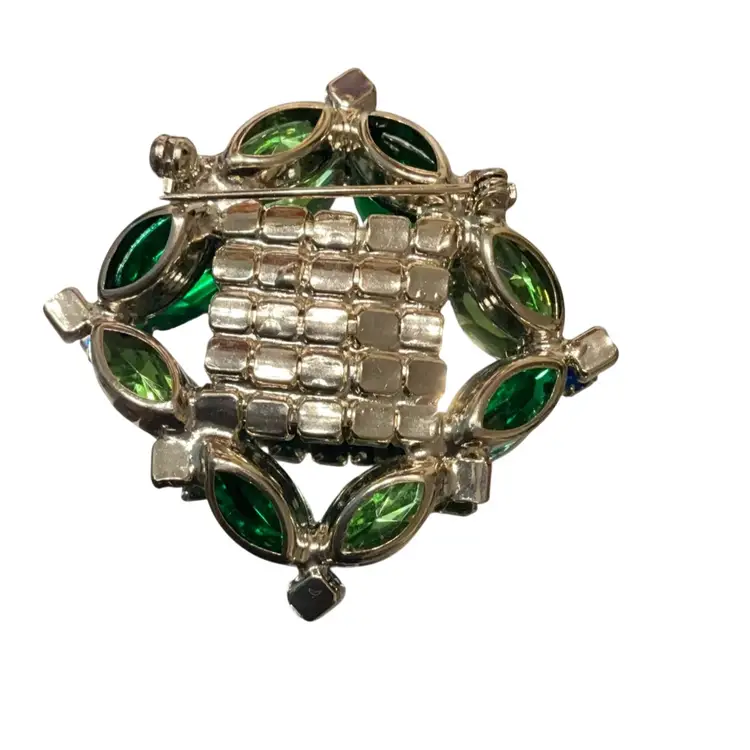 VTG Rhinestone Square Brooch In Green And Blue Rhinestones