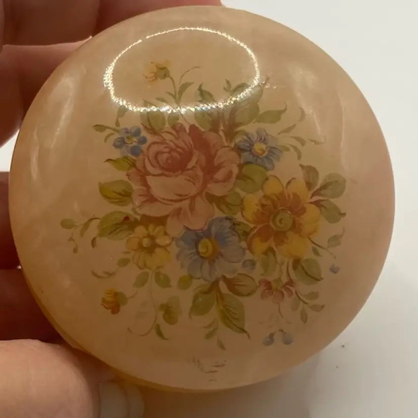 Vintage 2β Handcarved Alabaster Trinket Box, Made In Italy, Hinged Lid, Floral Design
