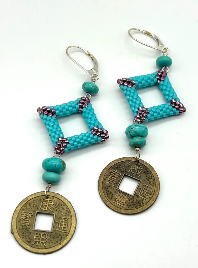 Peyote Beaded Dangle Earrings Turquoise Seed Beads Lever Backs 