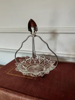 Vintage Federal Glass Condiment Relish/Jam Bowl with Silver Spoon and Carrier
