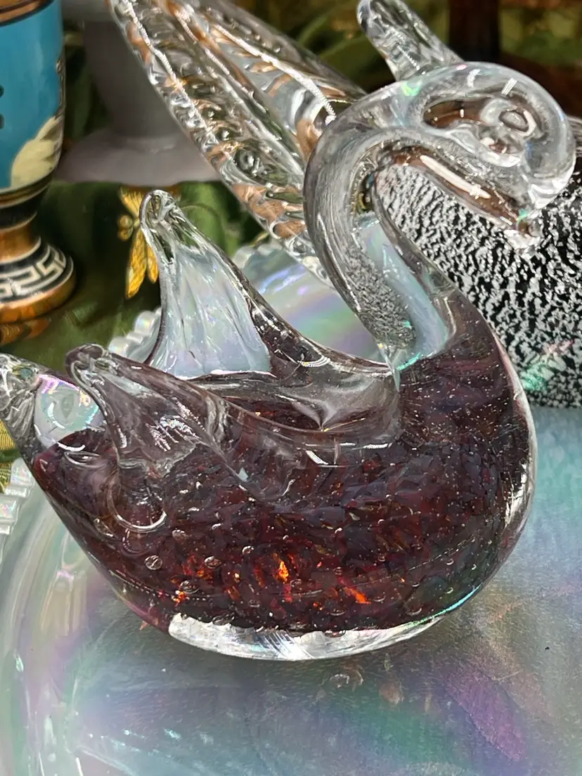 Art Glass Clear Body With Reds, Blues, And Purple Within A Clear Body. 3.5” , No Signature, Bottom Is Not Polished, No Chips Or Cracks.