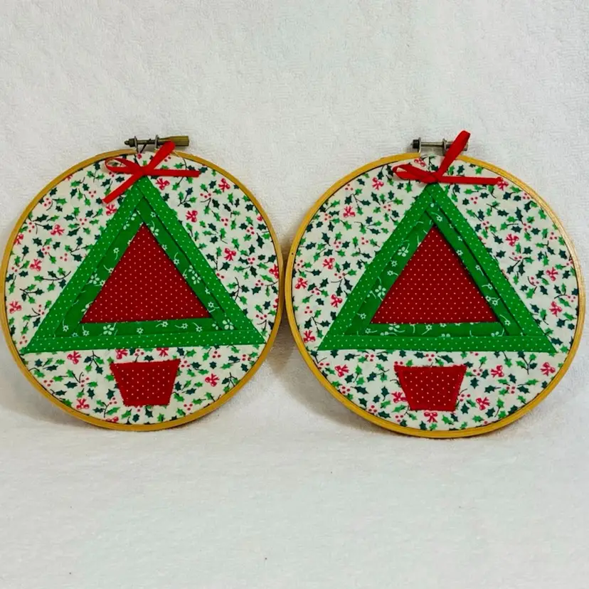 Vintage Handmade Woven Fiber Art Christmas Ornaments On Embroidery Hoops Lot Of 2 Approximately 6.5” Diameter