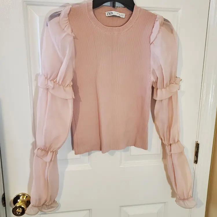 Zara Dusty Rose Ribbed Organza Knit top Size Large