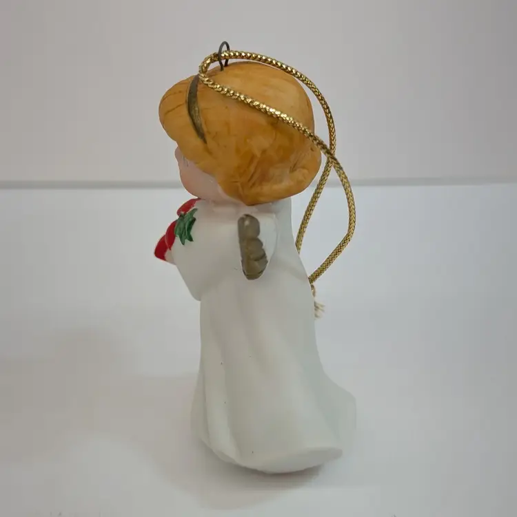 Vintage Homco Ceramic Bisque Christmas Tree Ornament Angel Figurine Poinsettia