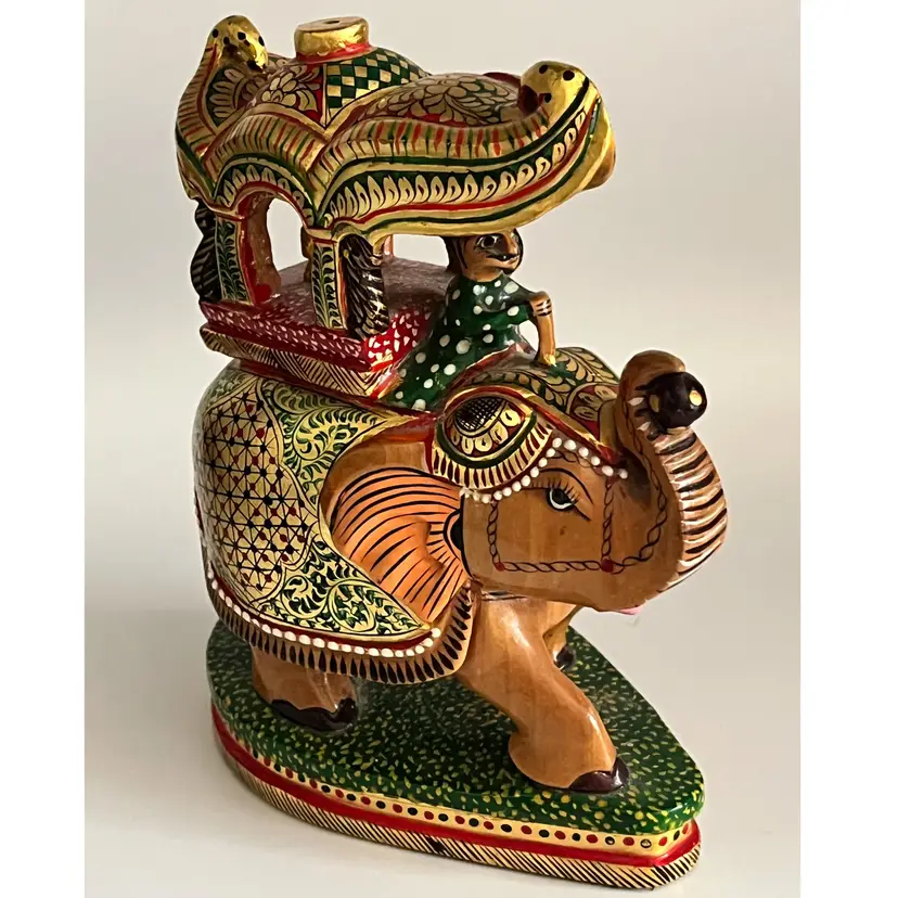 Hand-Carved Rajasthani Ambari Elephant – Hand Painted Wood with Howdah, Driver & Royal Passenger (who is unpainted) 7.5" H, 2.75 W, 5" Deep
