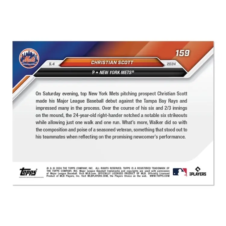 2024 ToppsNOW #159 Christian Scott RC Mets 5th Overall Prospect Fans Six In MLB Debut