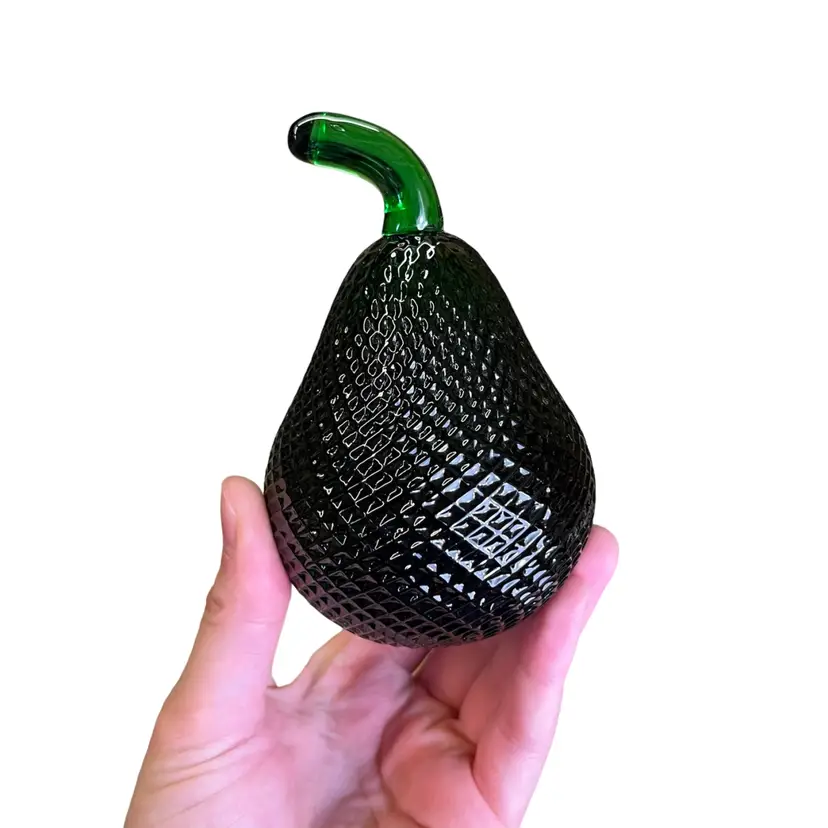 Bohemia Crystal Made In Czechoslovakia Green Waffle Texture Pear Paperweight, Green Glass Pear Paperweight, Green Crystal Pear, Czechoslovakian Crystal