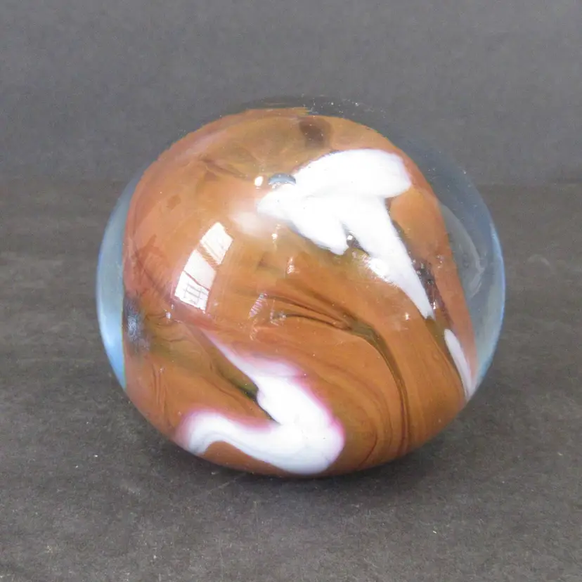 George Williams Brown and White Swirl Hand Blown Art Glass Paperweight - Stamped GW