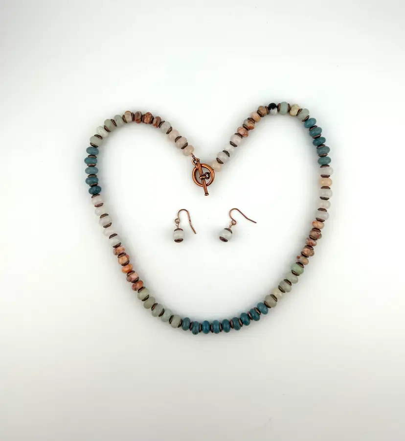 Multi Stone and Copper Necklace and Pierced Earring Set