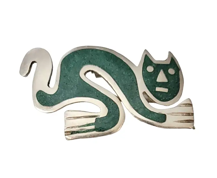 TJN Sterling Silver 950 Crushed Turquoise Inlay Cat Brooch Pin Pendant, Signed