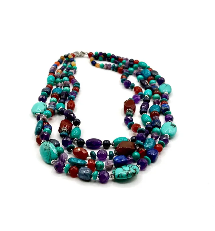 Multi-Strand Beaded Gemstone Necklace LUC CN Some Semi-Precious Polished Stones. Necklace 22”, with adjustable Clasp for longer fit.